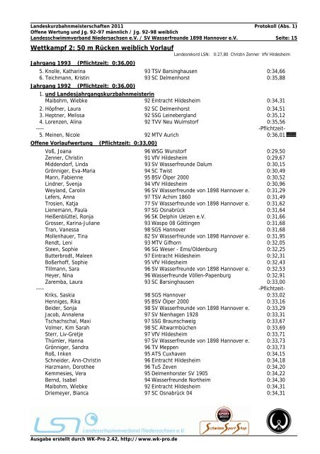 WK-Pro Protokoll - Landesschwimmverband Niedersachsen eV