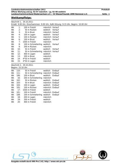 WK-Pro Protokoll - Landesschwimmverband Niedersachsen eV