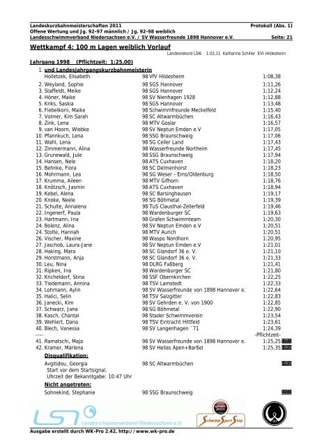 WK-Pro Protokoll - Landesschwimmverband Niedersachsen eV