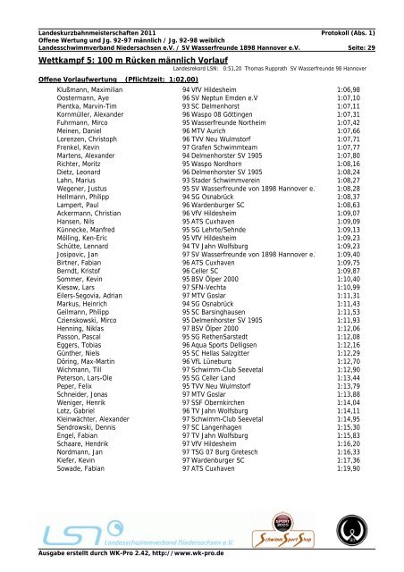 WK-Pro Protokoll - Landesschwimmverband Niedersachsen eV