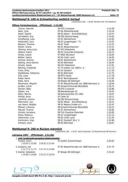 WK-Pro Protokoll - Landesschwimmverband Niedersachsen eV