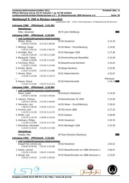 WK-Pro Protokoll - Landesschwimmverband Niedersachsen eV