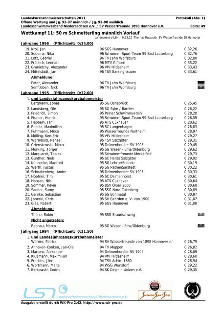 WK-Pro Protokoll - Landesschwimmverband Niedersachsen eV