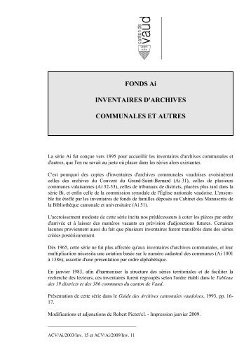 Inventaire Ai - Inventaires des Archives Cantonales Vaudoises