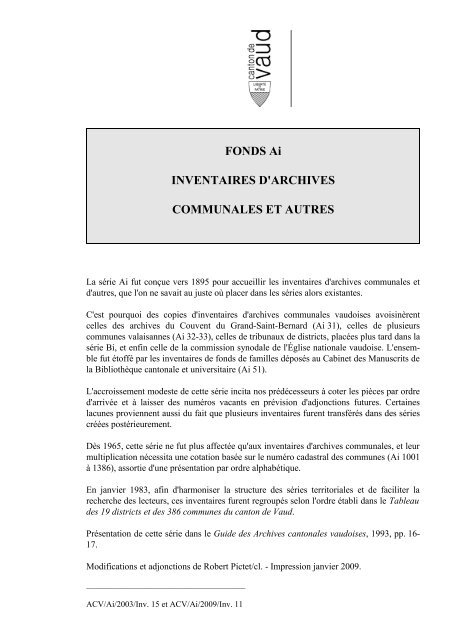 Inventaire Ai Inventaires Des Archives Cantonales Vaudoises
