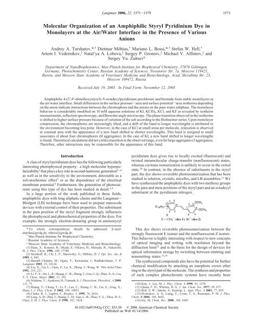 Molecular Organization of an Amphiphilic Styryl Pyridinium Dye in ...