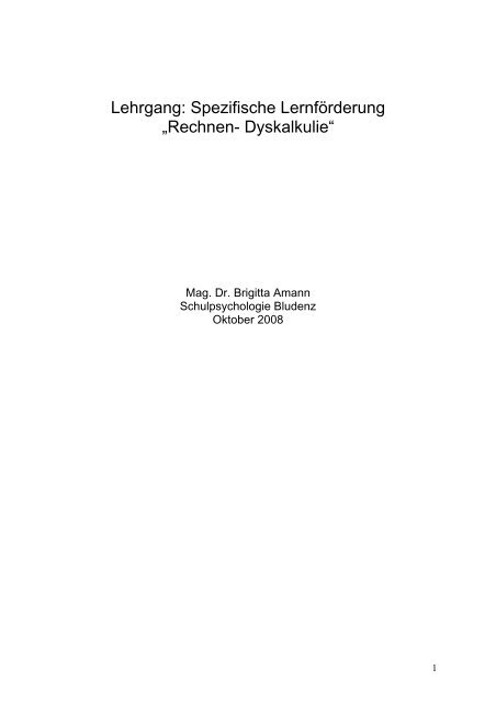 Lehrgang: Spezifische Lernförderung „Rechnen- Dyskalkulie“