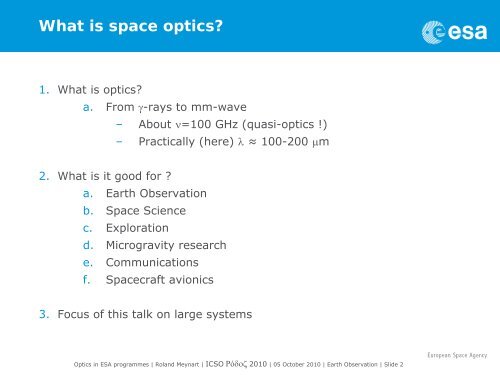 Optical technologies in ESA programmes - Congrex