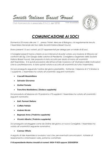 COMUNICAZIONE AI SOCI - Società Italiana BassetHound
