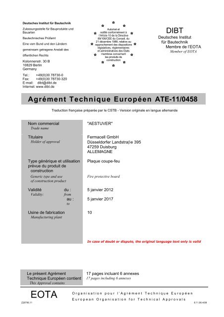 Agrément Technique Européen ATE-11/0458 - Plaque ... - Fermacell