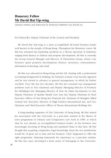 Honorary Fellow Mr David Hui Yip-wing - City University of Hong Kong