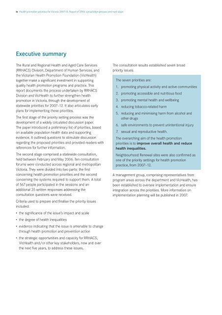 Health promotion priorities for Victoria 2007–2012 - Department of ...