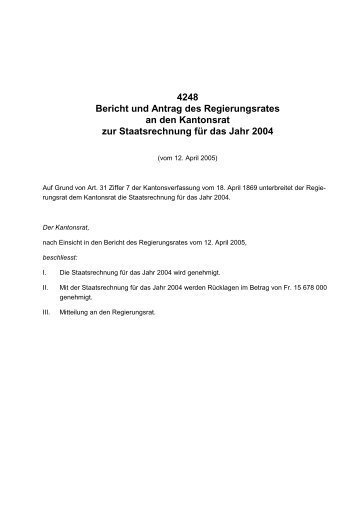 Rechnung 2004, Bericht und Antrag des Regierungsrates (PDF