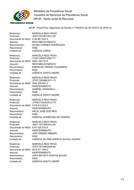 Pautas de julgamento nº 758 a 768 - Ministério da Previdência e ...