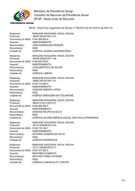 Pautas de julgamento nº 758 a 768 - Ministério da Previdência e ...