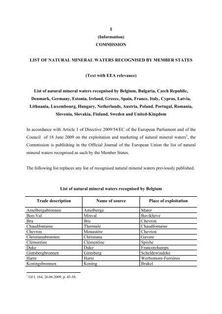 I (Information) COMMISSION LIST OF NATURAL MINERAL ...