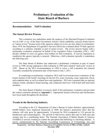 Preliminary Evaluation of the State Board of Barbers