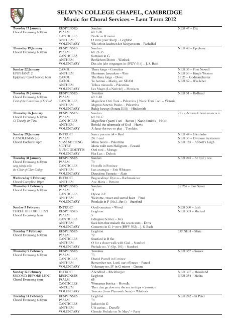 SELWYN COLLEGE CHAPEL, CAMBRIDGE Music for Choral ...