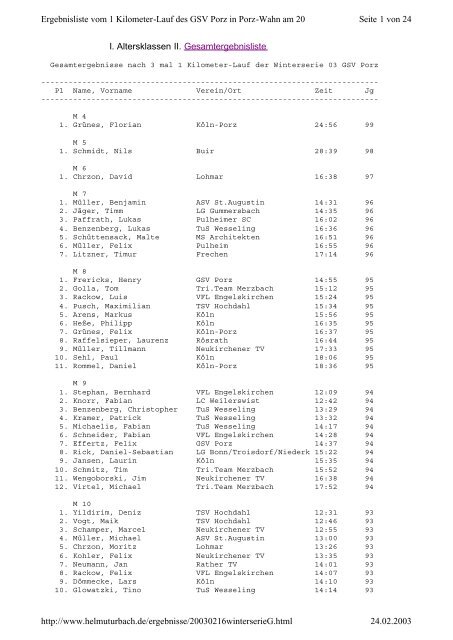 I. Altersklassen II. Gesamtergebnisliste Seite 1 von 24 Ergebnisliste ...