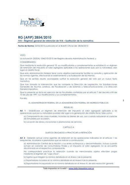 RG (AFIP) 2854/2010 - Todo Impuestos en la web!