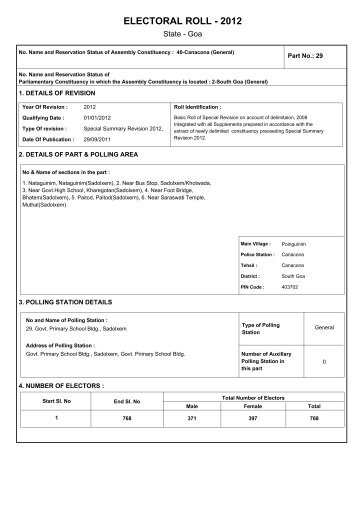 ELECTORAL ROLL - 2012 - The Chief Electoral Officer,Goa State