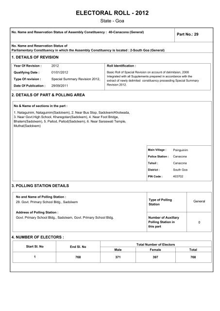 ELECTORAL ROLL - 2012 - The Chief Electoral Officer,Goa State