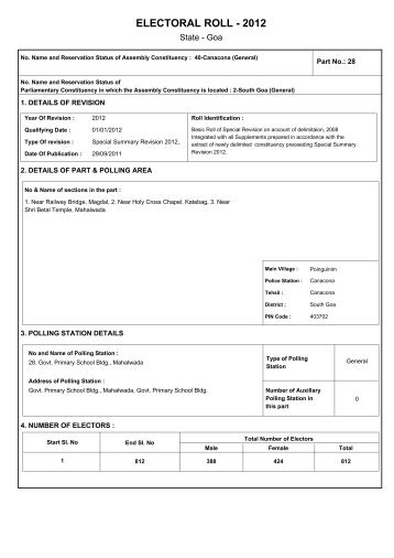 ELECTORAL ROLL - 2012 - The Chief Electoral Officer,Goa State