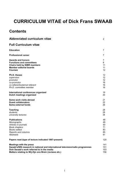 CURRICULUM VITAE of Dick Frans SWAAB Contents - Nin - KNAW