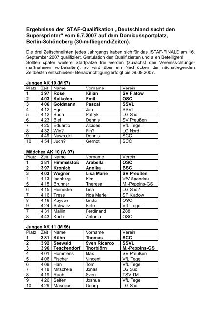 Ergebnisse der ISTAF-Qualifikation „Deutschland ... - Talentefinder