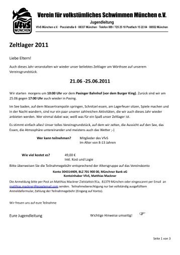 Zeltlager 2011 - Verein für volkstümliches Schwimmen München eV