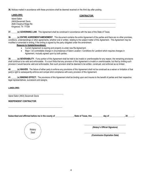 Booth rental agreement - Island Salon Independent Contractor Facility