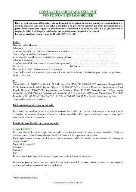 CONTRAT DE COURTAGE EXCLUSIF VENTE D'UN ... - ImmoRP