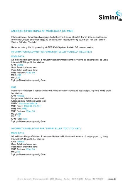 ANDROID OPSÆTNING AF MOBILDATA OG MMS - Siminn Danmark