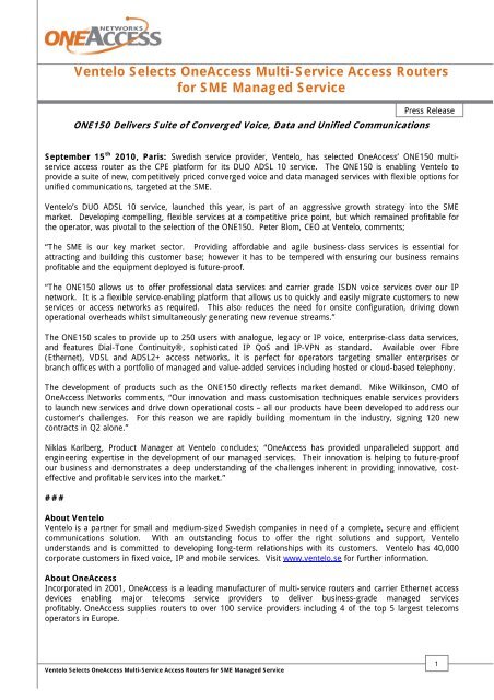Ventelo Selects OneAccess Multi-Service Access Routers for SME ...
