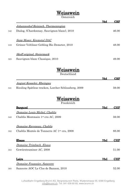 Weinkarte - Brunni Engelberg