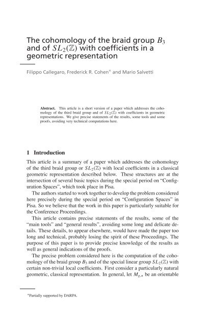 The cohomology of the braid group B3 and of SL2(Z) - Scuola ...