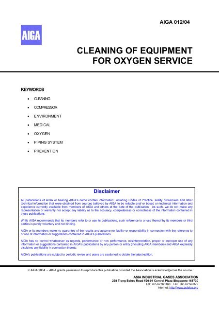 CLEANING OF EQUIPMENT FOR OXYGEN SERVICE - AIGA