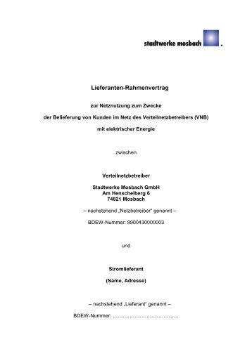 Lieferanten-Rahmenvertrag - Stadtwerke Mosbach
