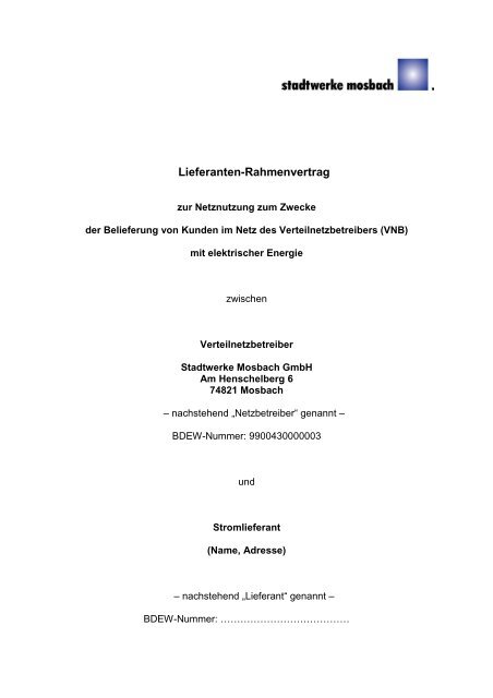 Lieferanten-Rahmenvertrag - Stadtwerke Mosbach