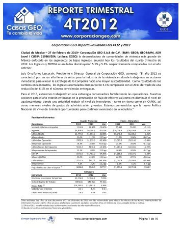 Corporación GEO Reporta Resultados del 4T12 y 2012