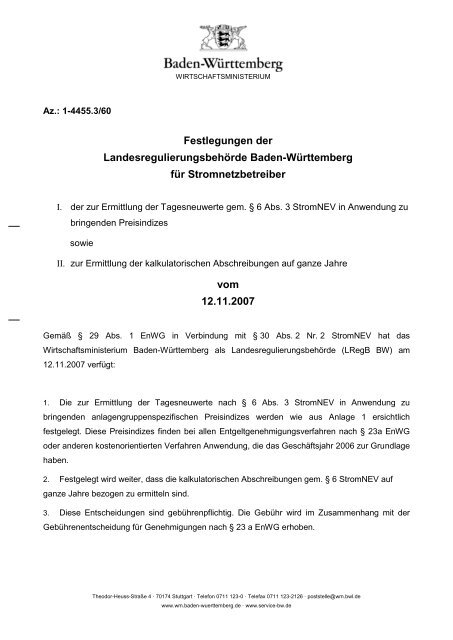 Festlegungen der Landesregulierungsbehörde Baden-Württemberg ...