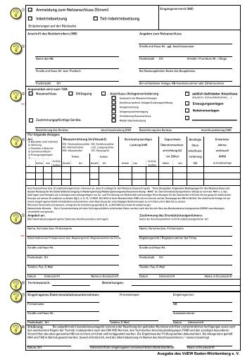 Anmeldung- Inbetriebsetzungsformular in der Ausgabe des VdEW ...