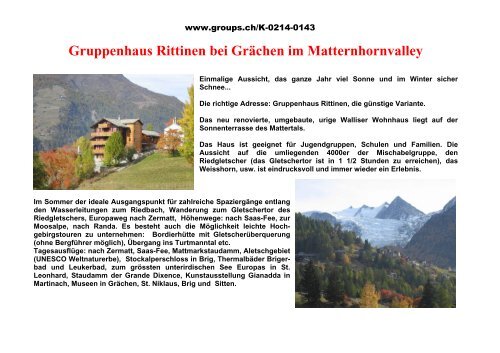 Gruppenhaus Rittinen bei Grächen im ... - CONTACT groups.ch