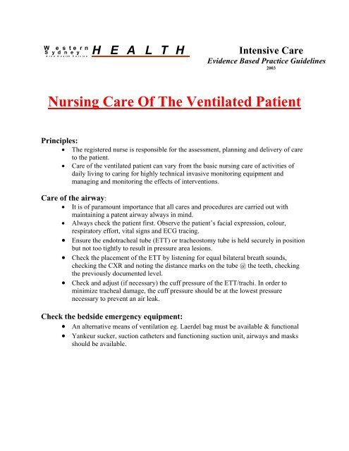 Care of a patient on a ventilator
