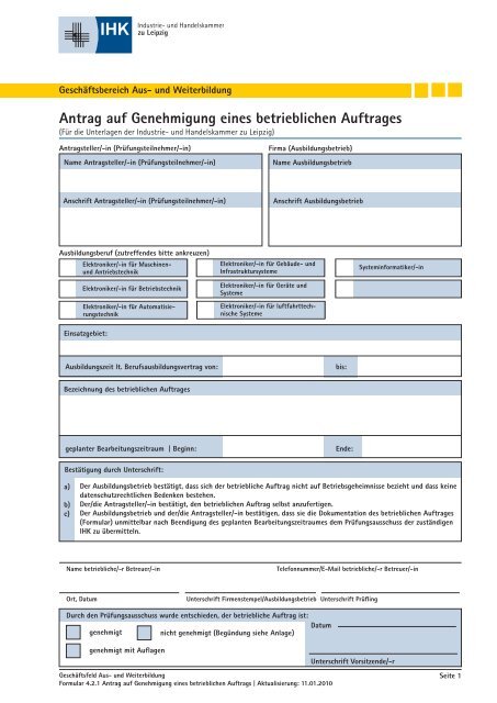 Antrag auf Genehmigung eines betrieblichen Auftrages