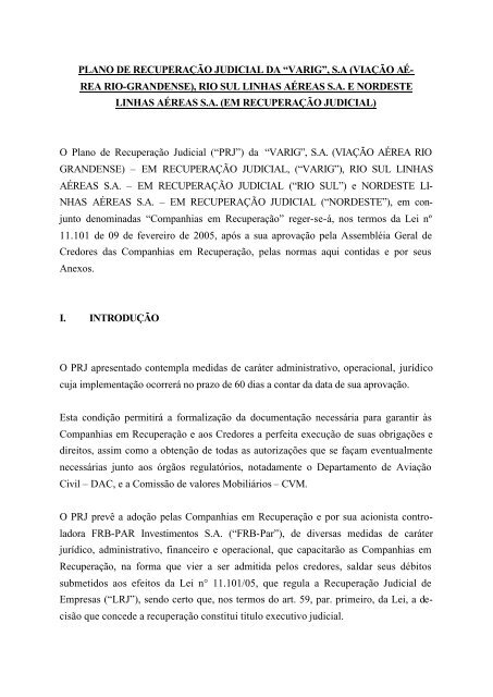 PLANO DE RECUPERAÇÃO JUDICIAL DA “VARIG”, S.A ... - Acvar