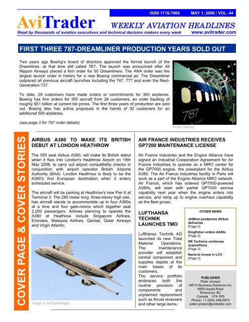 AviTrader WEEKLY AVIATION HEADLINES