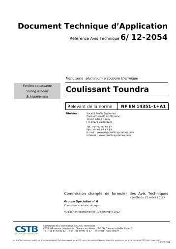 Document Technique d'Application Coulissant Toundra - CSTB