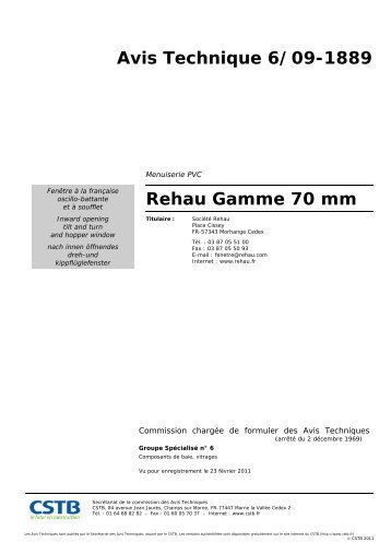 Avis Technique 6/09-1889 Rehau Gamme 70 mm - CSTB