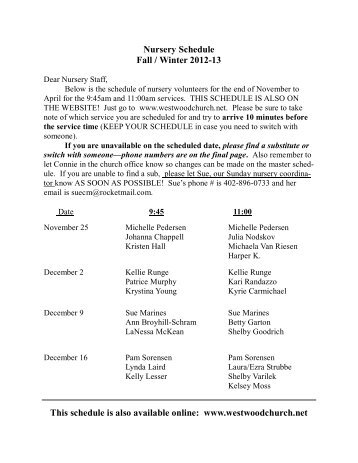 Nursery Schedule fall winter 2012-13 - Westwood Church